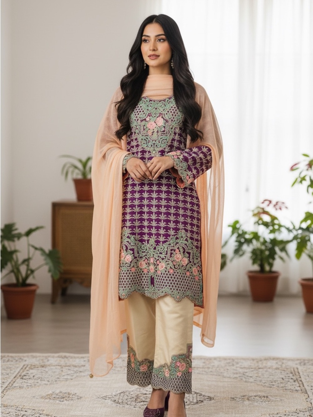 Womens Purple Floral Embroidered pakistani suit - 3 piece- shirt pant dupatta